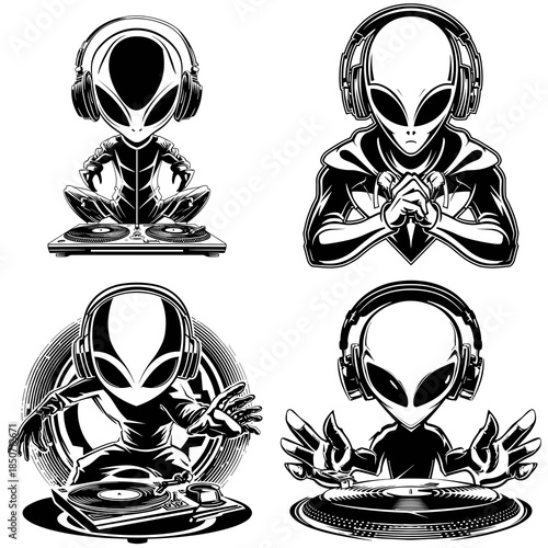 Alien dj illustration set with headphones and turntable featuring bold black and white style ideal for music branding posters stickers and futuristic club visuals.