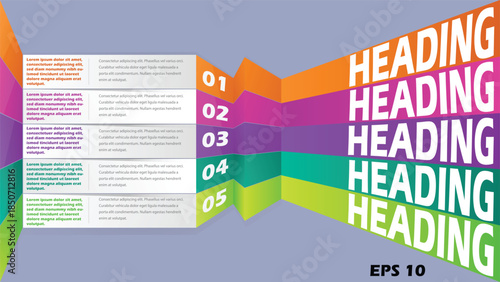 5 Steps 3D Perspective Infographic Template. Modern Folded Ribbon Flow Chart with Vertical Text Layout and Banners for Business Strategy, Planning, and Progress Presentation.
