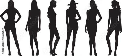 Six black female silhouettes in various fashion poses wearing dresses and heels  female