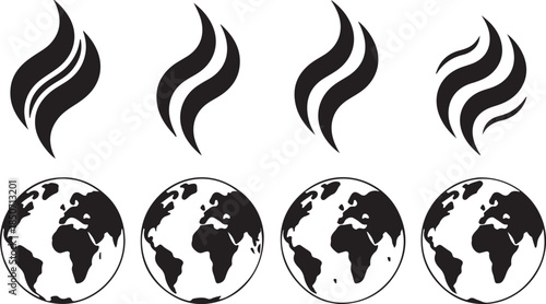 Four black stylized flame and four black globe with continents visible  flame, fire