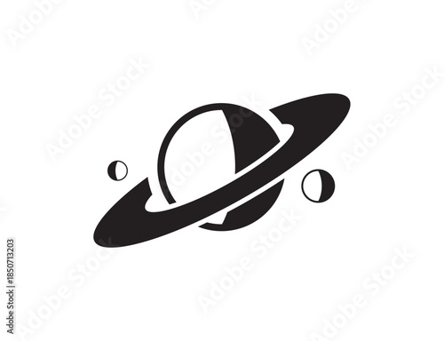 Stylized Saturn Planet Icon with Rings and Moons in Space on Isolated White Background