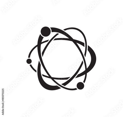 Abstract Atomic Structure Icon with Orbiting Particles and Elliptical Paths on Isolated White Background