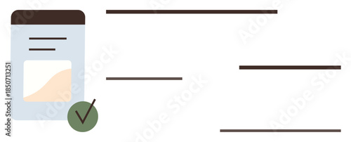 Document with abstract text and a wavy graphic detail, marked by a green check for approval. Ideal for workflow, completion, validation, achievement, compliance, progress, or checklist visuals