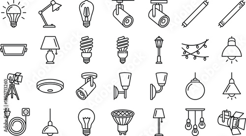 Modern lighting and lamp line icons collection featuring bulbs, fixtures, spotlights, wall lamps, and decorative lights in clean minimalist vector style