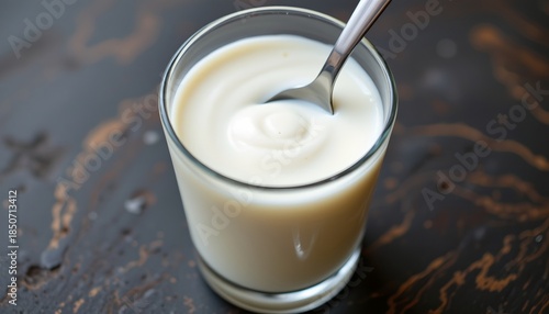 A clear glass cup filled with a creamy white substance, which appears to be yogurt or ice cream. The cup is positioned against a dark background, possibly a tabletop.