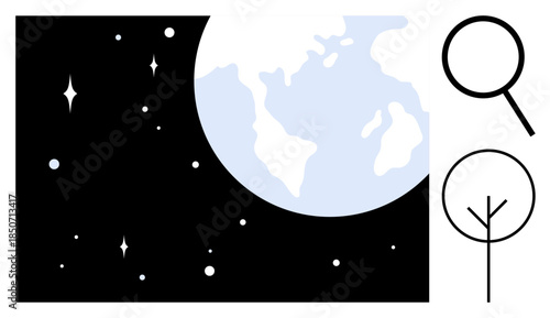 Earth in outer space surrounded by stars, magnifying glass, and tree growth graphic emphasizing exploration, environmental focus, and sustainability. Ideal for education, science, ecology, discovery