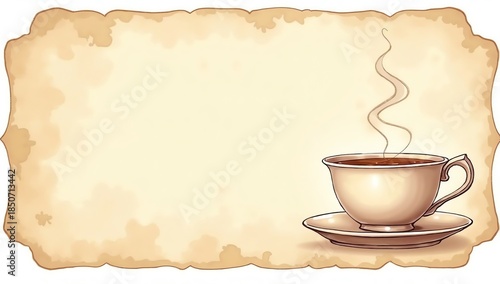 Charming vintage parchment scroll illustration background with a steaming teacup or coffee cup, offering a perfect blank canvas for custom text