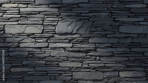 Close-up of a dark gray slate stone wall with varying rectangular shapes and sizes, against a white background.