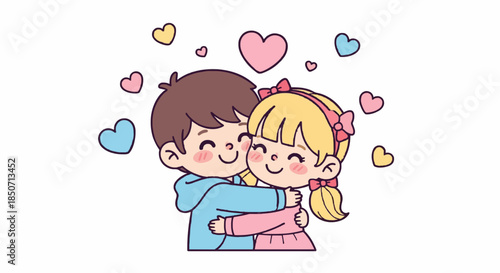 Cute cartoon illustration of a happy little boy and girl hugging each other