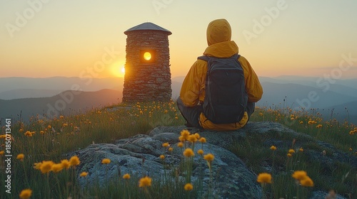 Person contemplating sunrise over mountains wildflowers stone tower
