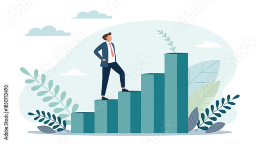 Confident Businessman Standing on Rising Bar Chart Representing Success and Career Progression