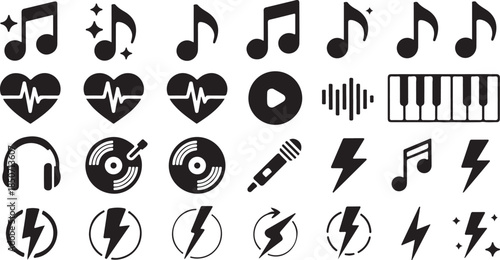 Black silhouette representing music and sound like notes, hearts, play button, and lightning