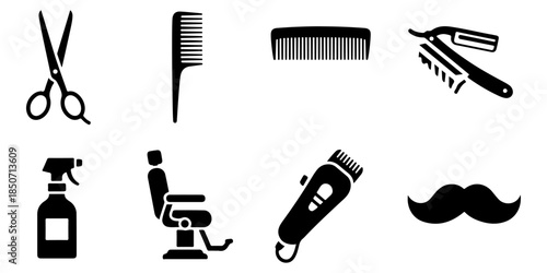 Professional barbershop and hairdressing tools icon set, featuring essential equipment for hair styling, cutting, and grooming services in a clean silhouette design