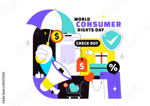 World Consumer Rights Day Vector Illustration on March 15 Featuring Shopping Bags Symbolizing Respected And Protected Consumer Rights