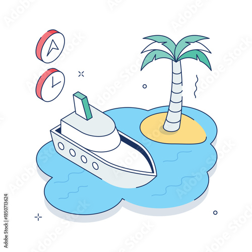 Have this amazing isometric illustration of cruise ship, island trip vector