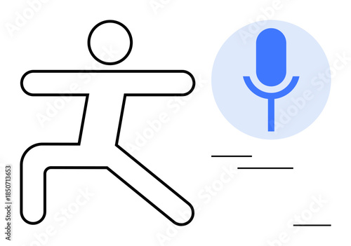 Fitness tracking, voice control, audio command systems, health monitoring, physical activity, smart technology. Stick figure in a fitness pose beside a microphone icon. Fitness tracking and voice