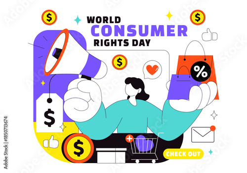 World Consumer Rights Day Vector Illustration on March 15 Featuring Shopping Bags Symbolizing Respected And Protected Consumer Rights