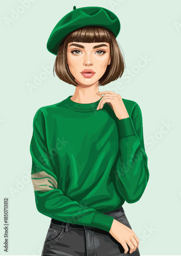 056-19-Stylized portrait illustration of a young woman with a red beret and brown bob hair