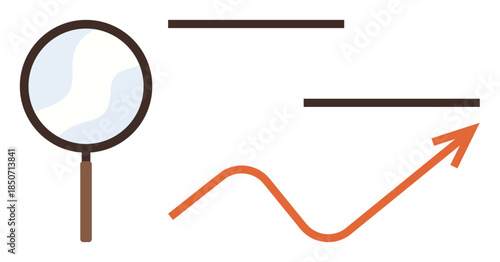Magnifying glass examining data trends with an upward arrow and lines symbolizing progress, analytics, and review. Ideal for research, growth, strategy, business analysis, data insights, development
