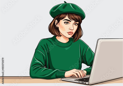 056-20-Stylish woman in green outfit typing on laptop, illustrating a modern work concept
