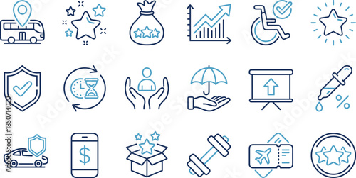 Premium service and customer satisfaction icons featuring rewards, protection, benefits, travel, finance, wellness, performance, and quality assurance in modern line style