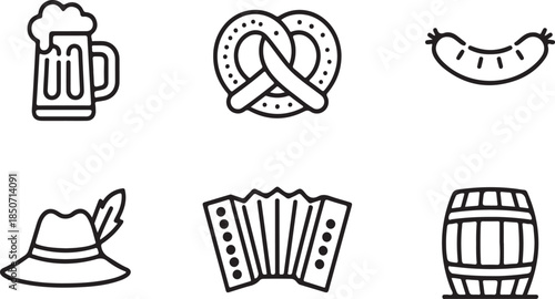 Set Of Simple Outline Representing Oktoberfest Food And Music And Drink