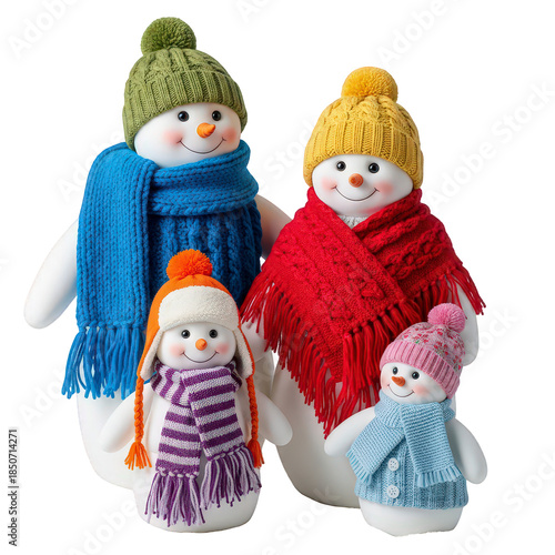 Adorable snowman family in colorful winter clothing standing together
