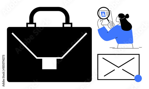 Business solutions. Business solutions by a briefcase, email envelope, and identity verification process. Business solutions for corporate planning, communication, security, finance, and data