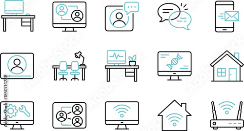 Remote work and digital communication icons featuring video calls, online collaboration, home office setups, messaging tools, and wireless connectivity in modern line style