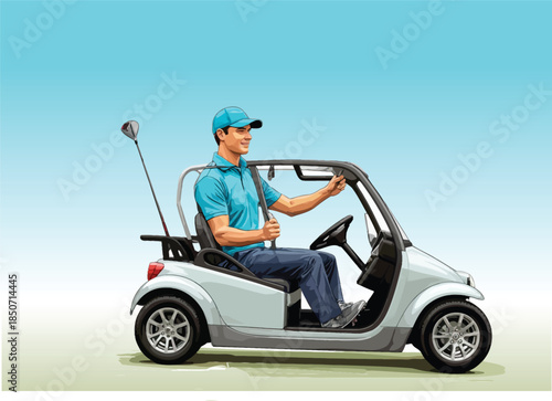 056-28-Man in golf attire driving a golf cart on a course under a clear sky