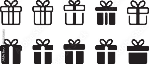 Collection of ten black gift box with bows on a white background for celebrations and holidays