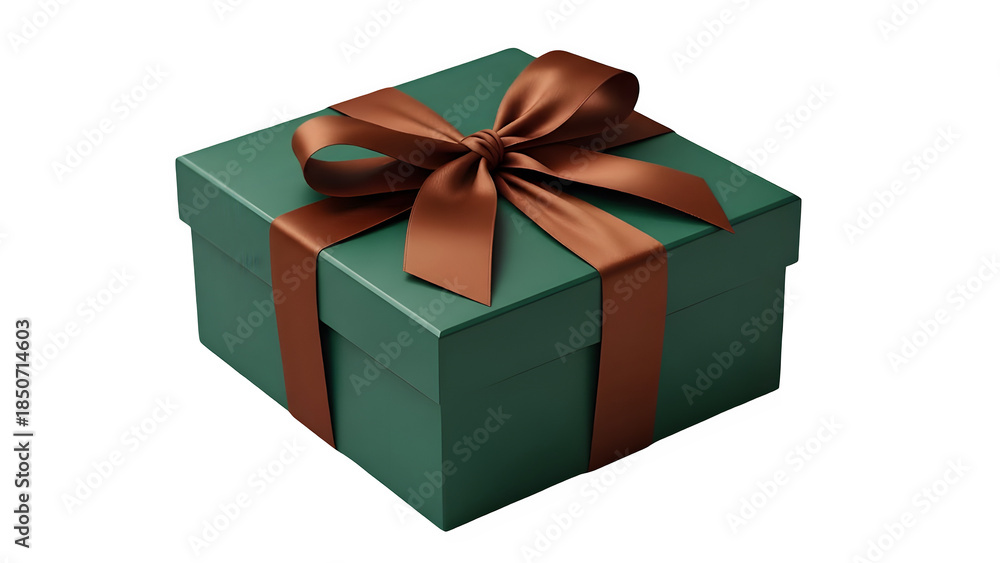 Obraz premium Elegant dark green gift box with a rich brown satin ribbon and bow, isolated