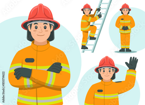 A confident firefighter depicted in a bright uniform, showcasing readiness and determination, embodying the spirit of courage and service within the firefighting profession.