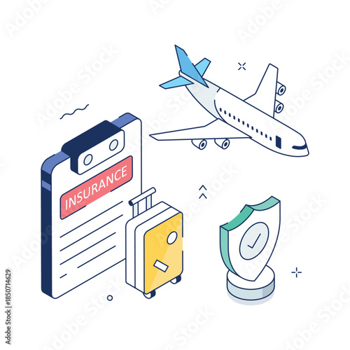 Isometric travel insurance illustration with documents and airplane for safe travel