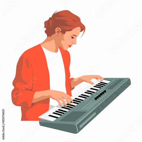 A woman dressed in vibrant colors passionately plays a keyboard, showcasing her musical talent and creativity in a chic, modern setting full of inspiration.