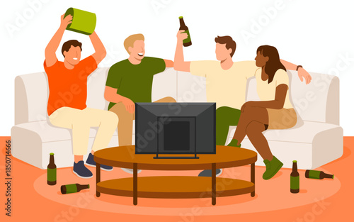 A group of four friends joyfully celebrating whilst watching TV, surrounded by drinks and laughter, highlighting camaraderie, fun, and social interaction.