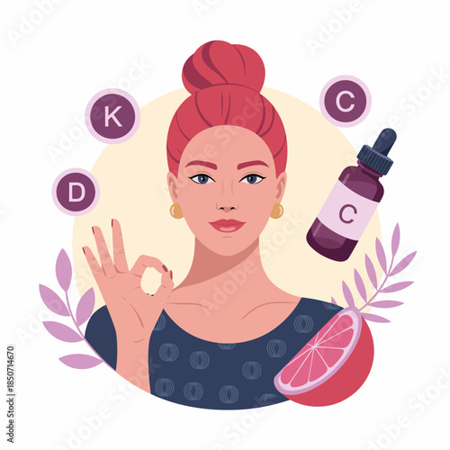 An empowered woman presents a collection of vitamins and fruits, emphasizing health, self-care, and the importance of nutrition in maintaining overall well-being and vitality.