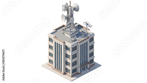 Isometric view of a telecommunications building with antennas and satellite dishes