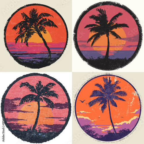 Retro tropical sunset illustration with palm trees inside circular frames using grain texture and warm colors ideal for beach travel posters summer branding and coastal decor.