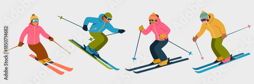 This lively depiction of four skiers conquering the slopes emphasizes adventure, winter sports, and the joy of outdoor activities, attracting winter enthusiasts.