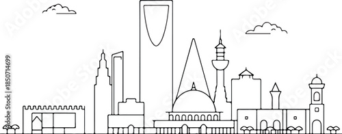 Minimalist black and white line skyline silhouette of a modern city with distinct architectural