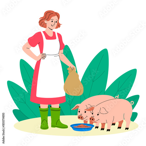 A cheerful woman stands in a garden, feeding two cute pigs, illustrating a serene farm life and the nurturing connection between animals and humans in nature's embrace.