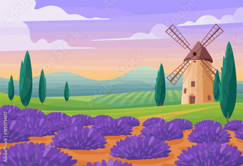 A picturesque scene of lavender fields under a colorful sunset, complemented by a charming windmill and distant rolling hills, creating a serene atmosphere.