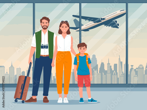 A cheerful family stands at an airport terminal, ready for an adventure. The backdrop features an airplane taking off and a stunning city skyline in daylight.