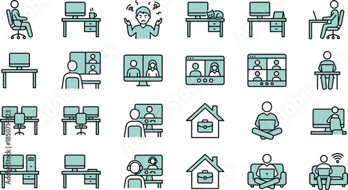 Remote work and home office icons illustrating virtual meetings, workstation setups, online collaboration, productivity, remote employees, and modern digital work environments