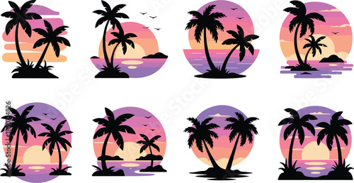 Tropical sunset palm tree Vector based t-shirt and logo design focused companies, suitable for branding and marketing purposes silhouettes collection