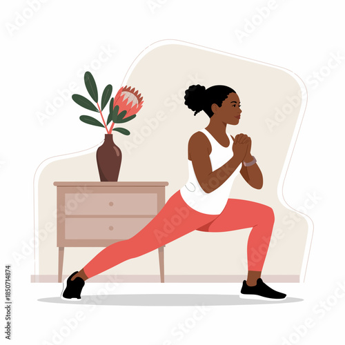 A focused young woman performs a lunge as part of her home workout routine, surrounded by a cozy atmosphere, perfect for maintaining health and fitness with style and comfort.