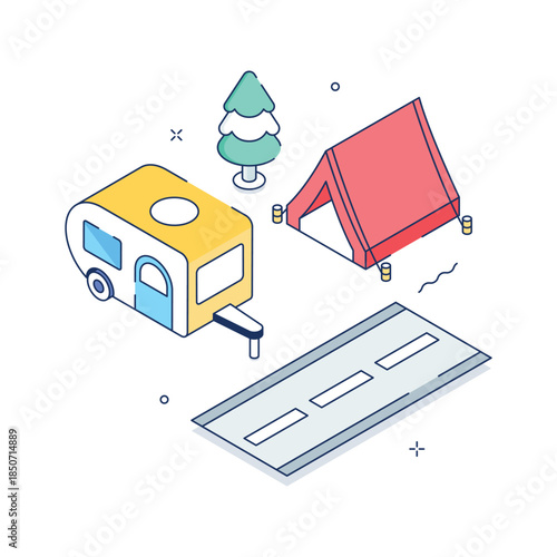 Isometric camping illustration with tent and caravan for outdoor vacation
