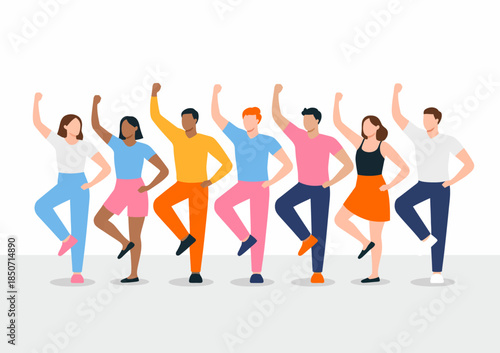 This vibrant image shows a diverse group of eight individuals joyfully celebrating together with raised arms, embodying unity, happiness, and camaraderie.