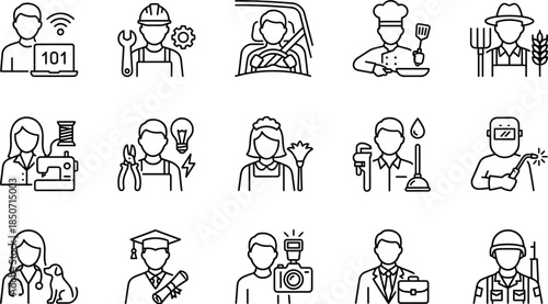 Modern profession and occupation line icon collection featuring workers, tools, medical care, education, culinary, farming, and industrial careers in clean minimalist vector style